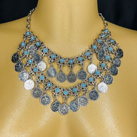 Lucky & Blessed Bohemian Floral Blue Silver Coin Layered Dangle Bib Necklace L&B - Picture 2 of 16